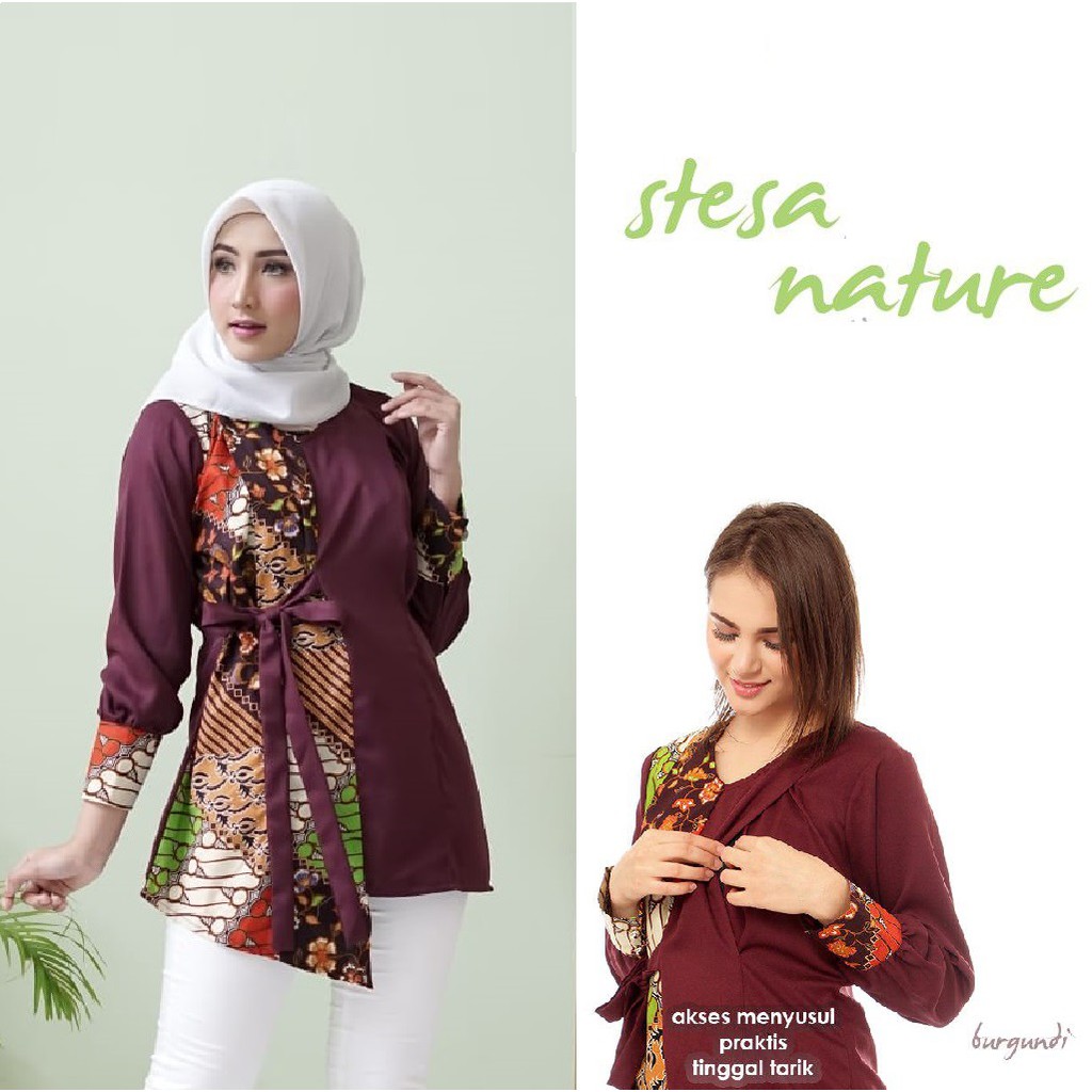 Baju Menyusui Batik Stesa Burgundi Blouse Pakaian Busui Hamil Atasan Kerja Wanita