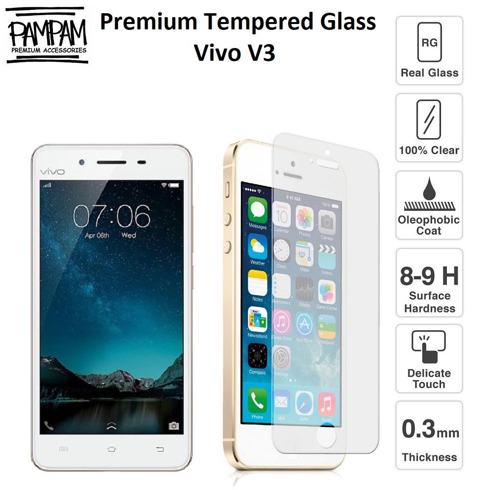 Premium Tempered Glass Vivo V3 9H HP Anti Gores Layar Handphone Screen Guard Protector Tempred Ori