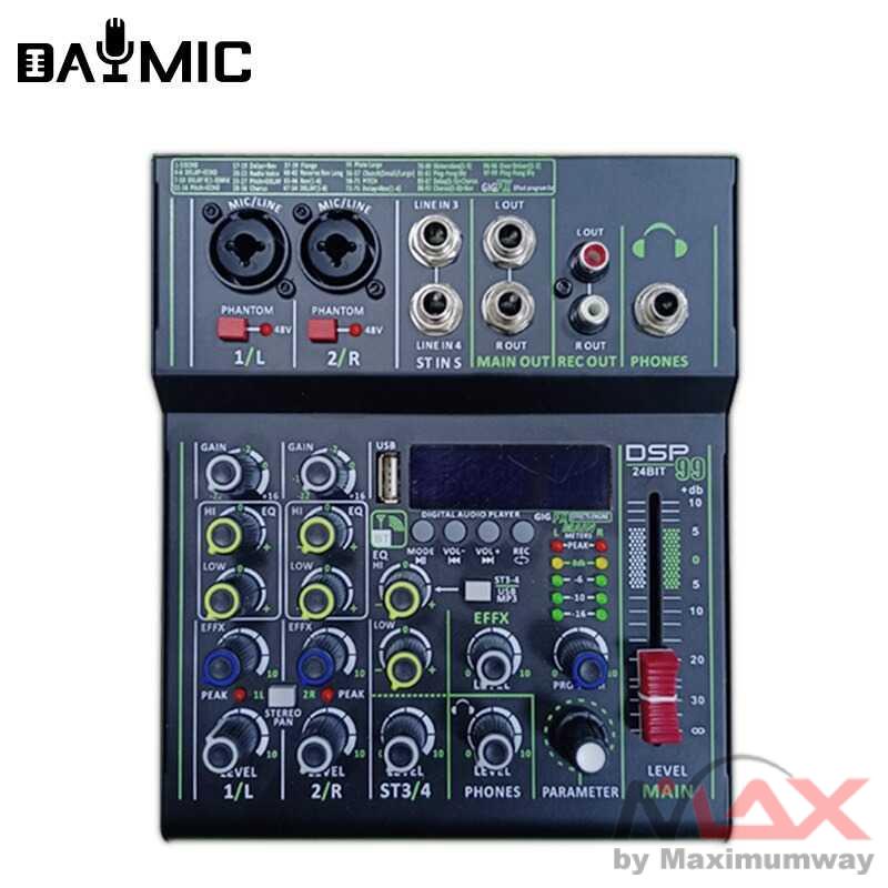 Audio Mixer Studio Professional 4 Channel Bluetooth Karaoke 4 Channel 99 DSP Effects Record Podcast Audio Mixer USB Audio Interface Digital MP3 Computer Input Live Studio Audio Sound Desk System Interface Portable +48V Phantom Power USB Computer Record