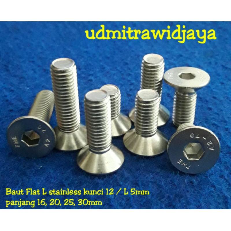 Baut Flat L baut countersink 8x16 tirus verseng L kunci 12/L 5mm panjang 16, 20, 25, 30, 40, 50mm stainless