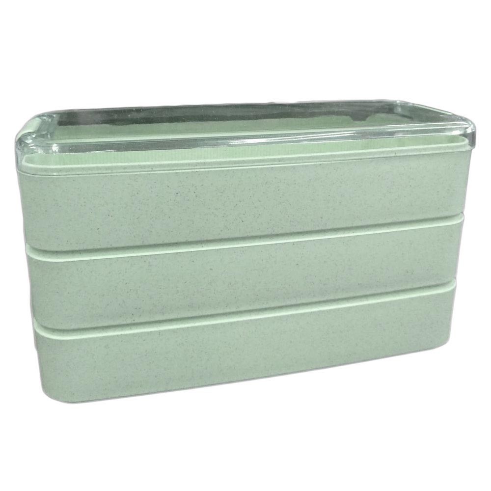 kotak penyimpanan/Kotak Makan 3 Layer Healthy Bento Lunch Box 900ml with Spoon &amp; Fork - Green