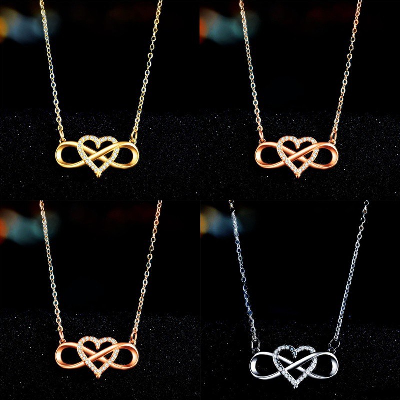 Fashion Romantic Rose Gold Silver Colour Infinite Love Necklace Classic Infinity Symbol Love Heart CZ Necklace|Pendant Necklaces