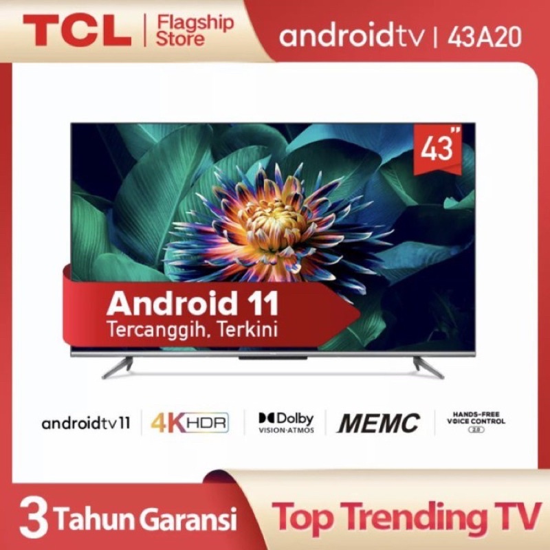 TCL LED TV 43 INCH 43A20 ANDROID 11 UHD 4K HDR - GARANSI RESMI