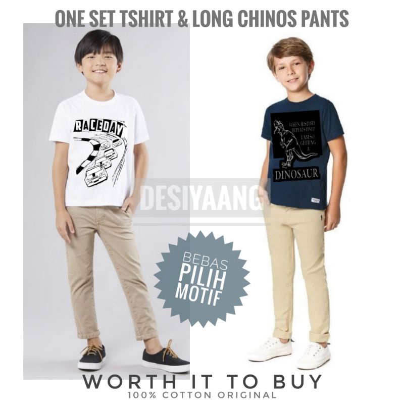 SETELAN OBLONG ANAK LAKI LAKI DINOSAURUS DAN CELANA CHINOS PANJANG SIZE M USIA 5-6 tahun