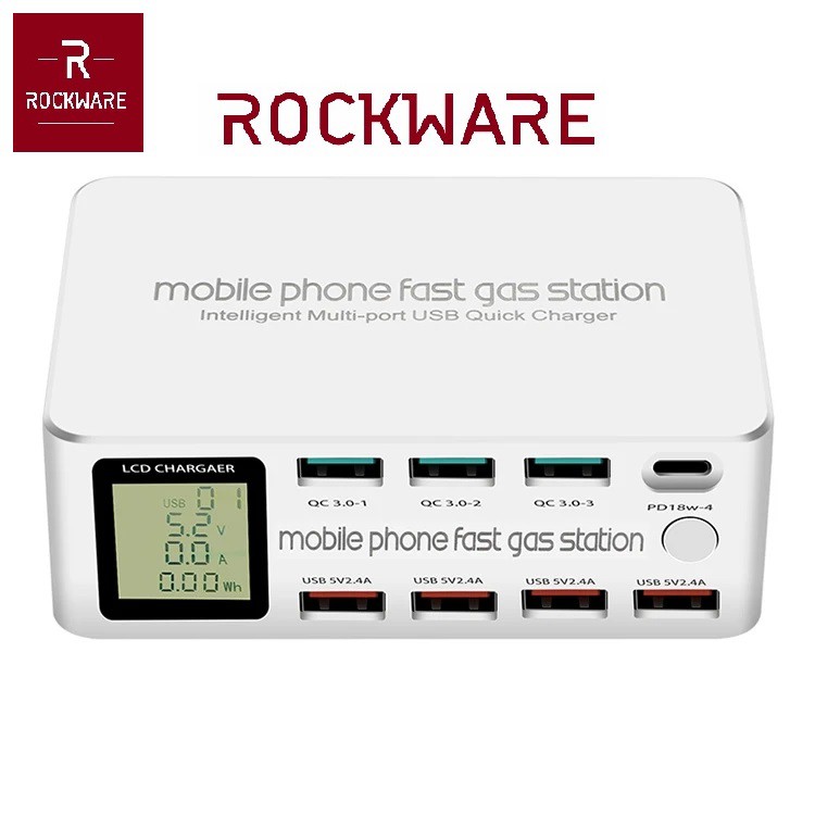ROCKWARE 818D - 7 USB Port and 1 PD 18W Port Charging Station - 100W - Charger Multiport Up to 8
