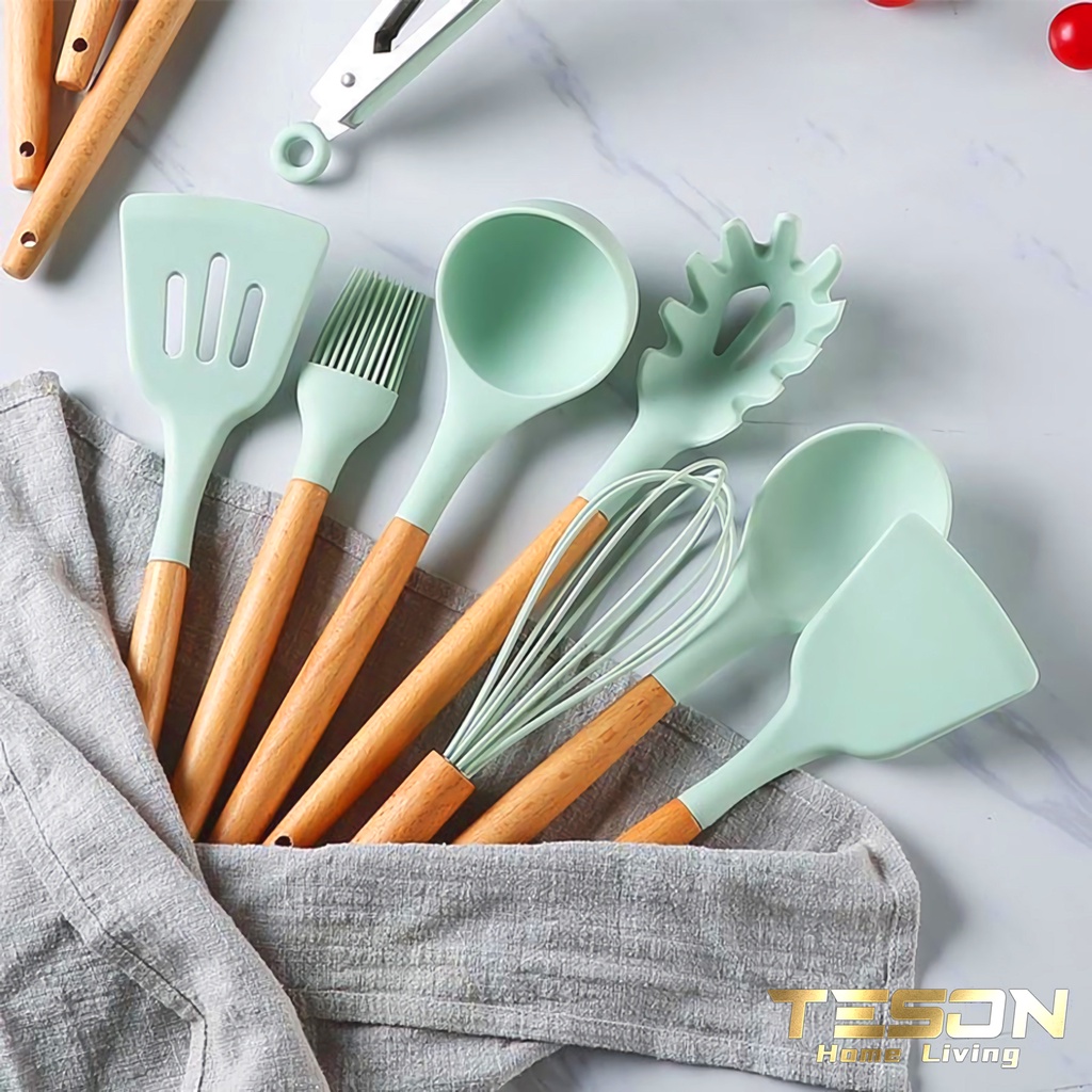 #Termurah!!! Peralatan Alat Masak Spatula Sutil Silikon Set 11 / Sillicone Utensil Kitchen Set/Spatula Peralatan Masak sutil pegangan kayu baking set