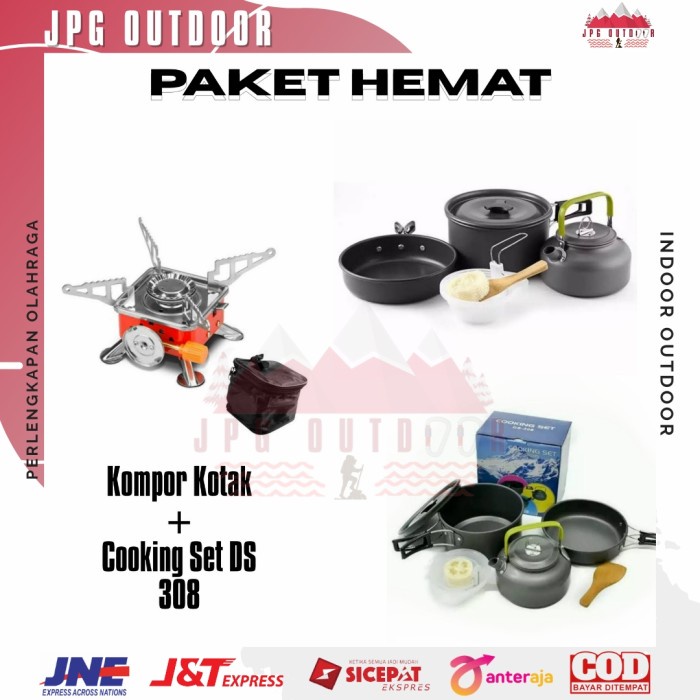 Paket Cooking Set DS 308 plus Kompor Camping Kotak Portable Nesting Set DS308 Alat Masak Camping Portabel