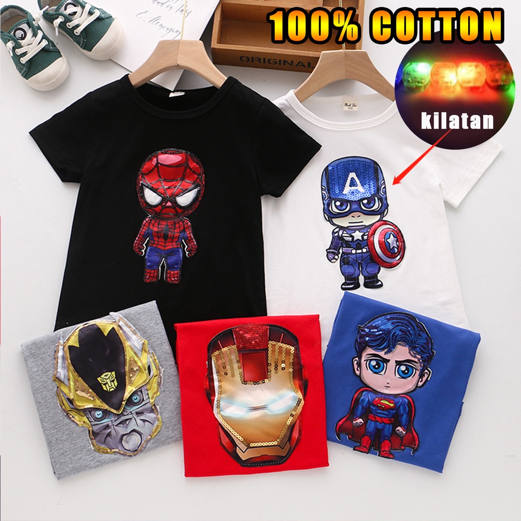 Superhero Boy Shirts LED Cotton Top Shirts T-shirt Setelan Kaos Anak Spiderman Aneka Motif