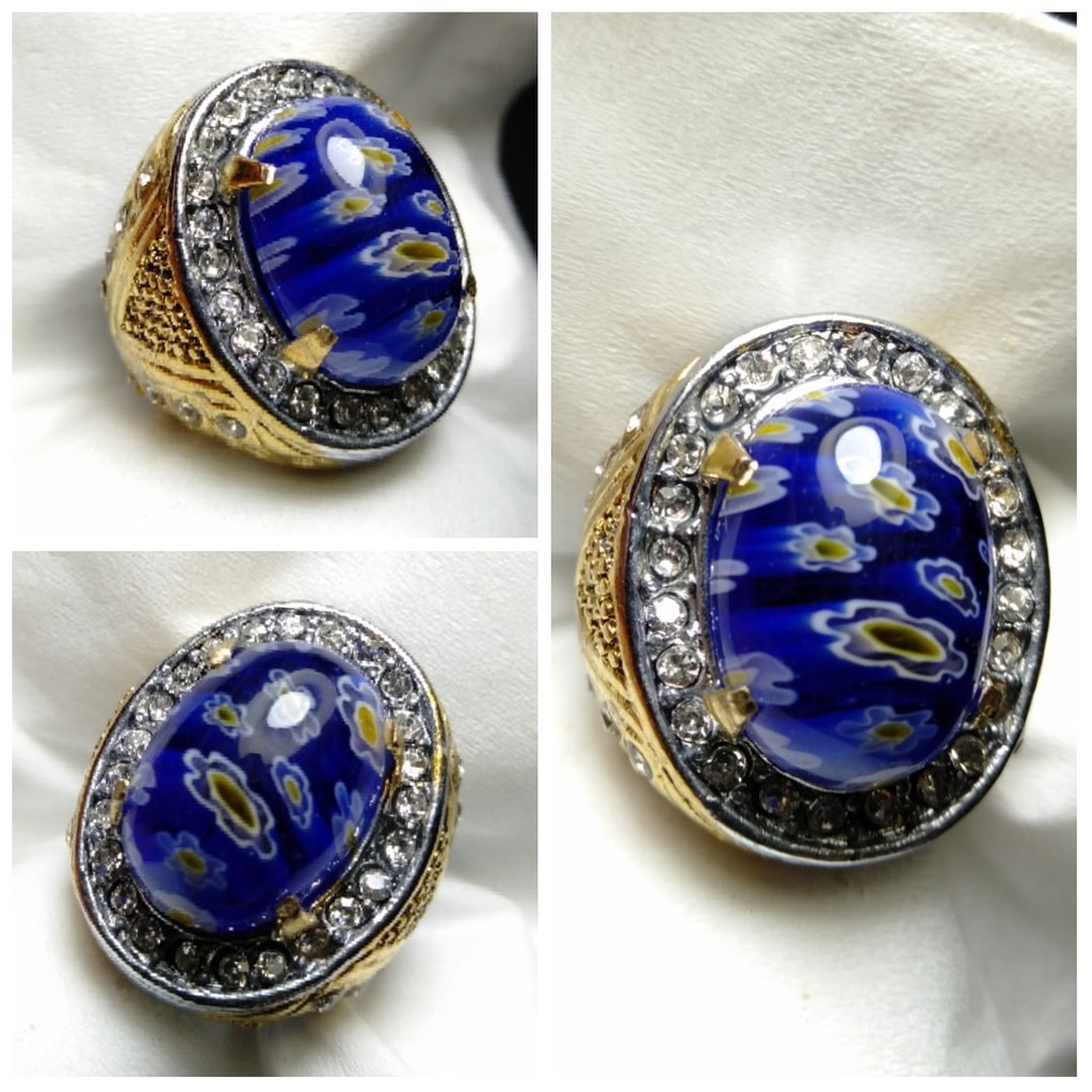Cincin Batu Motif Bunga Teratai Biru Laut