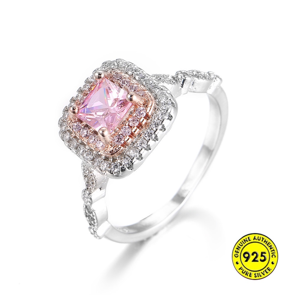 S925 Silver Ring Pink Color Gold Micro-Inlaid Square Diamond Female