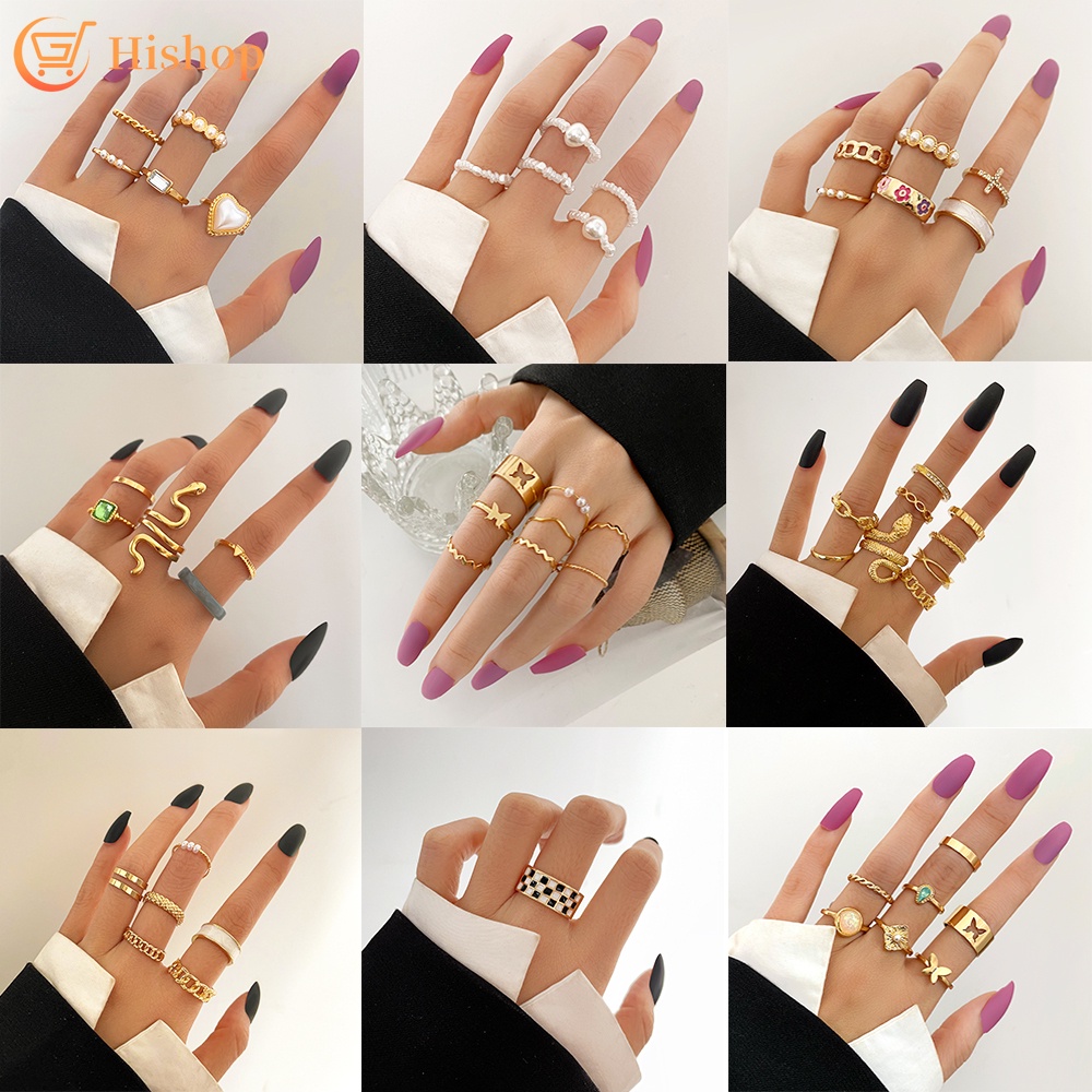 Set Cincin Desain Kupu-Kupu Ular Aksen Mutiara Kristal Warna Emas Gaya Vintage Untuk Wanita