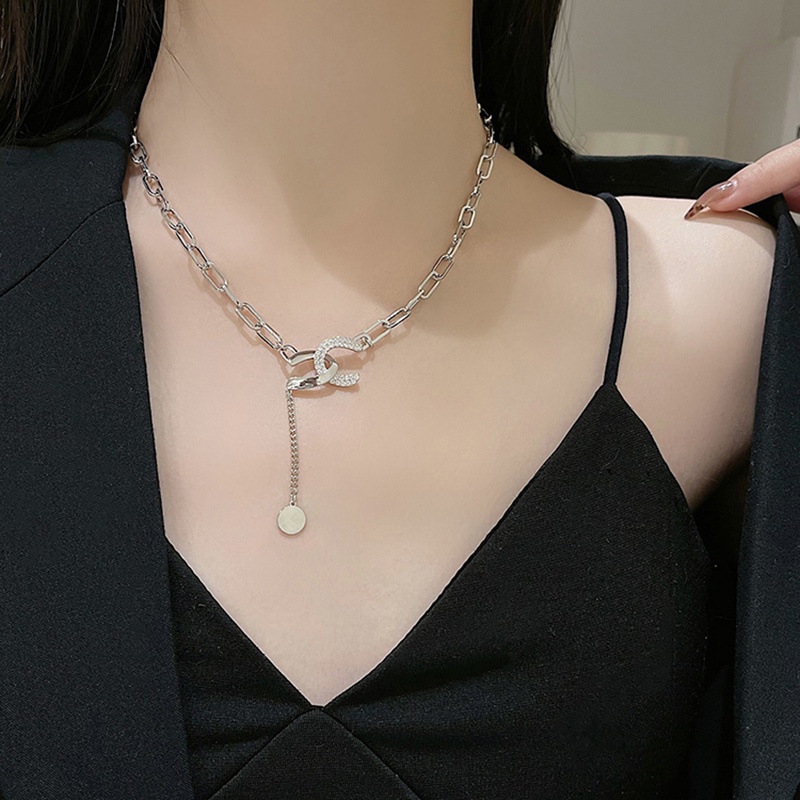 Kalung Rantai Panjang Dengan Liontin Geometri Aksen Berlian Imitasi Gaya Jepang / Korea Untuk Wanita