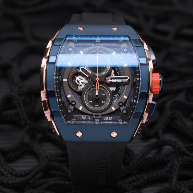 Jam expedition 6782 pria - biru rosegold tali hitam