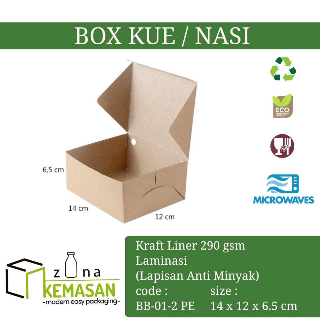 

KEMASAN BOX DUS KARDUS KOTAK MAKANAN NASI ROTI KUE SNACK 14x12x6,5 cm KRAFT 290 gsm LAMINASI