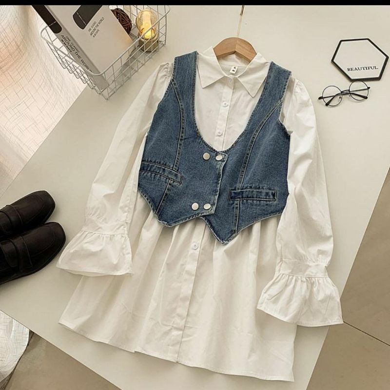 Blouse Wanita Outer Jeans Casual Korean Style Murah Import Lengan Panjang Atasan Wanita Putih Polos