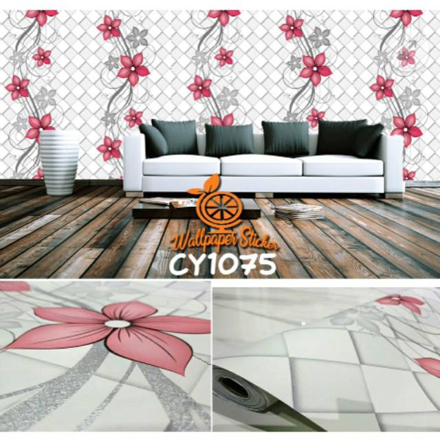 SALUR BUNGA MERAH Wallpaper sticker dinding motif bunga uk 45 cm x 8 m CY1075