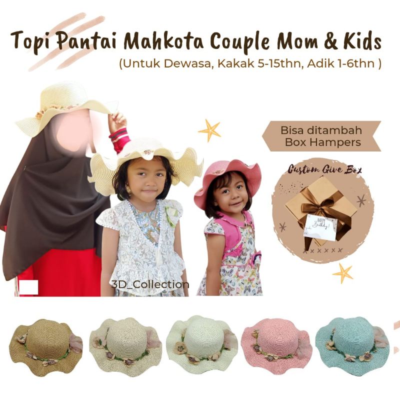 Topi Pantai Gelombang Mahkota Bunga Couple Mom & Kids