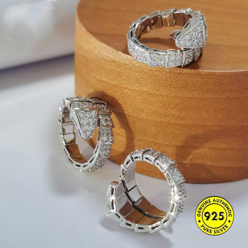 Cincin Jari Telunjuk S925 Silver Model Terbuka Dapat Disesuaikan Motif Kulit Ular Aksen Berlian Imitasi Untuk Unisex