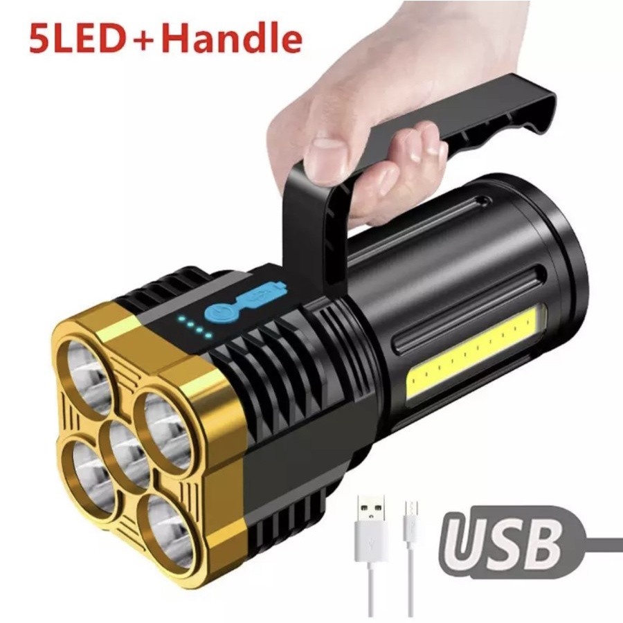 SENTER TANGAN COB 5 MATA LED SUPER TERANG SENTER GENGGAM LAMPU EMERGENCY USB RECHARGE