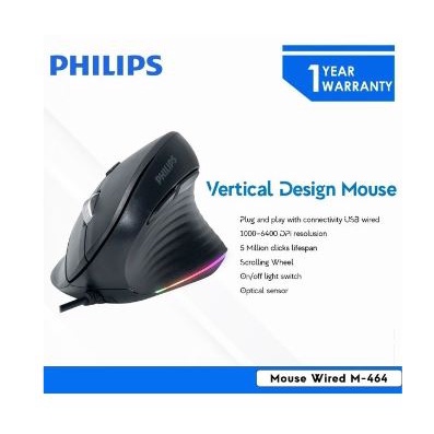 Mouse philips wired usb 2.0 vertical optical 6400dpi 7d rgb for office gaming pc cpu laptop m-464 m464 spk7464