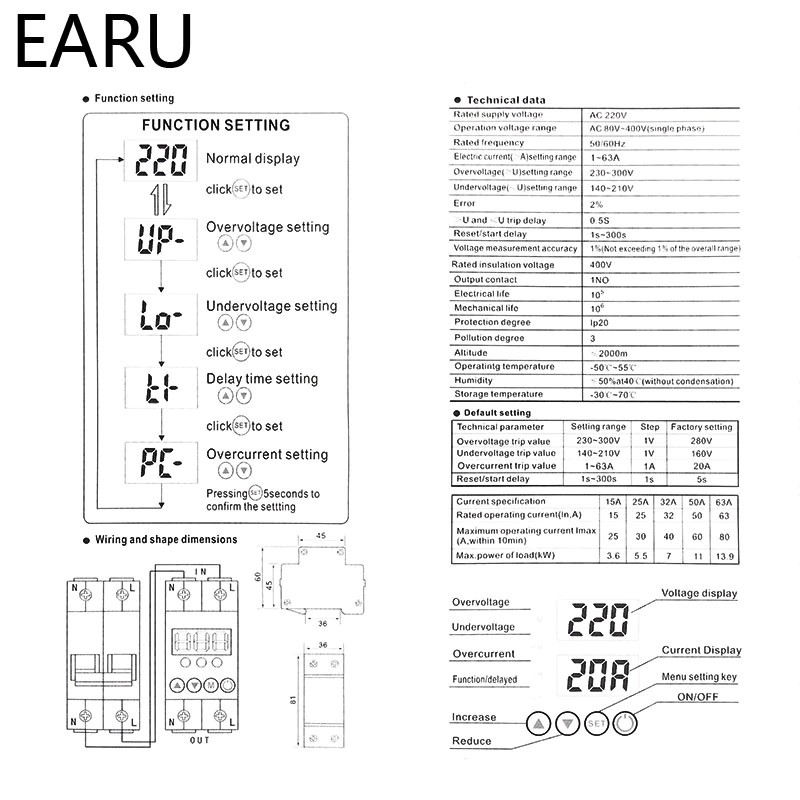 BEVAV MCB Digital Din Rail Over Under Voltage Protection Self-recoverable 220V 40A - 7RHXN0WH