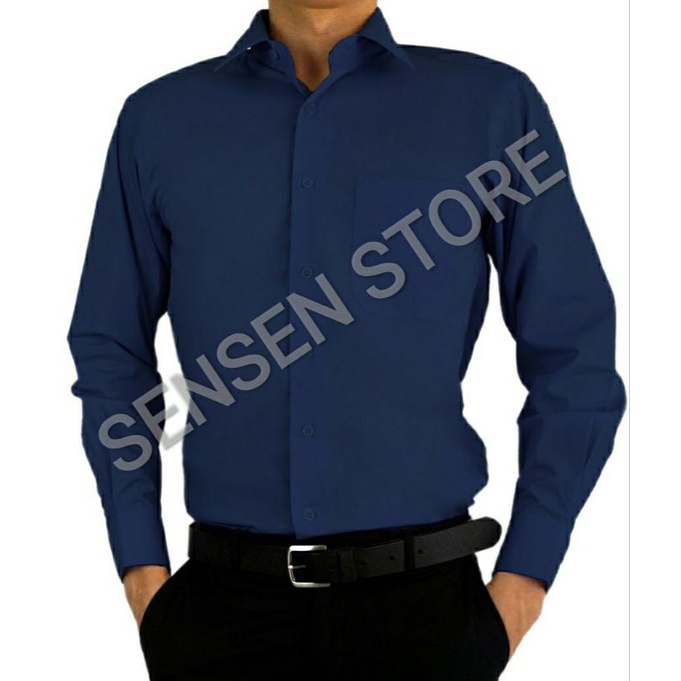 Kemeja polos panjang BOSS warna navy (biru dongker), size jumbo 16.5 - 17.5