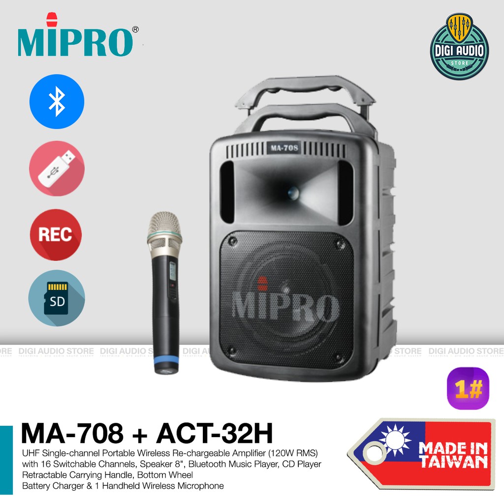 Speaker Portable Bluetooth 8 inch 190 Watt - 1 Mic Wireless Microphone - SD CD USB for Music MIPRO