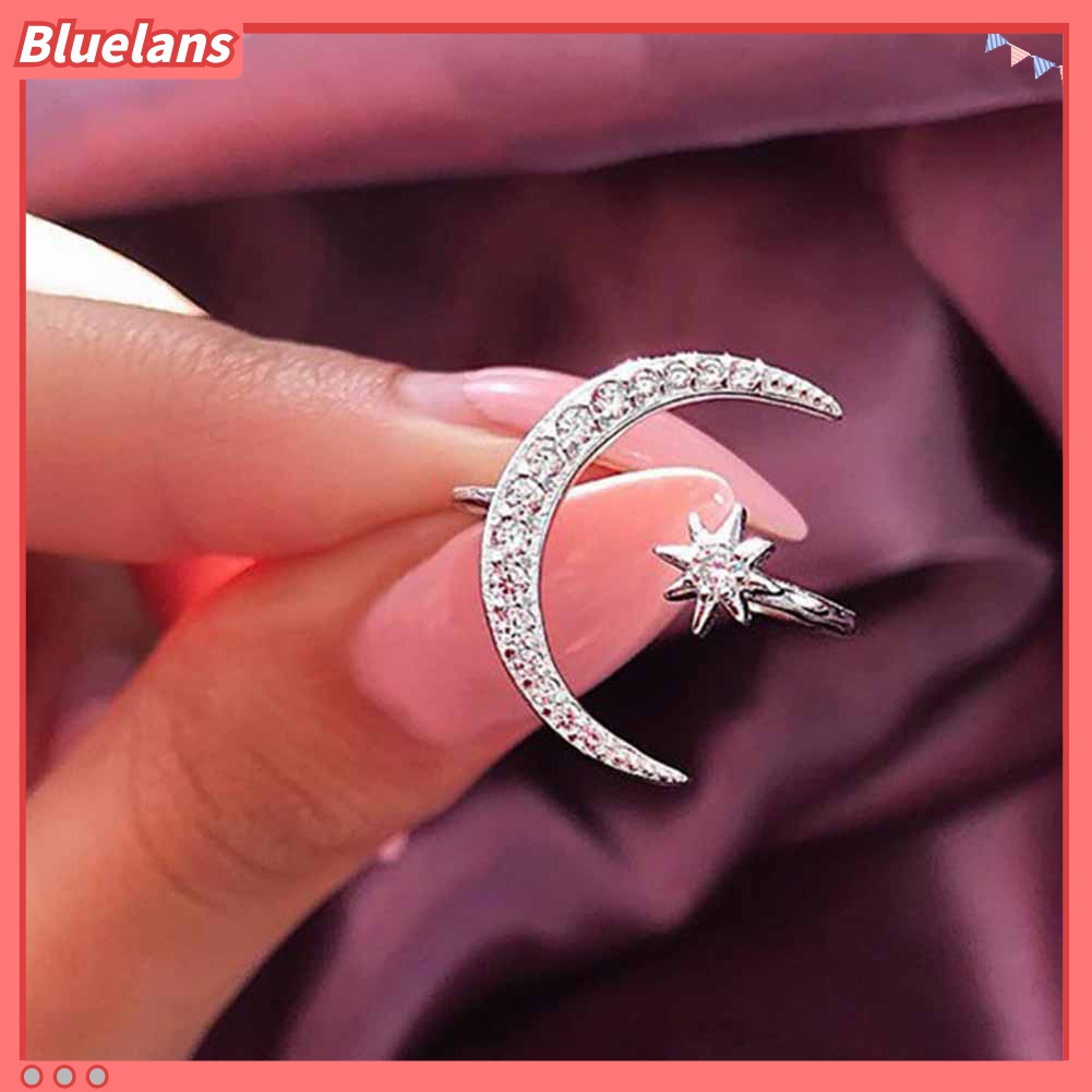 Cincin Model Terbuka Desain Bulan Bintang Aksen Berlian Imitasi Untuk Wanita