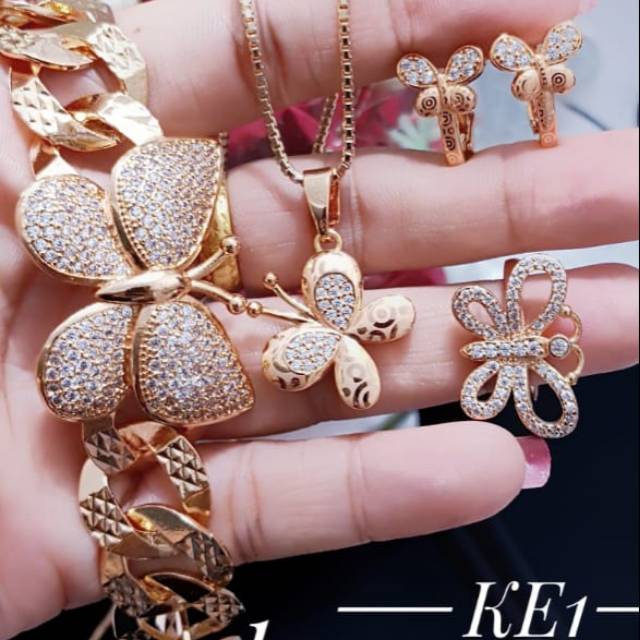 Xuping set perhiasan gelang kupu rantai lapis emas 24k 0811