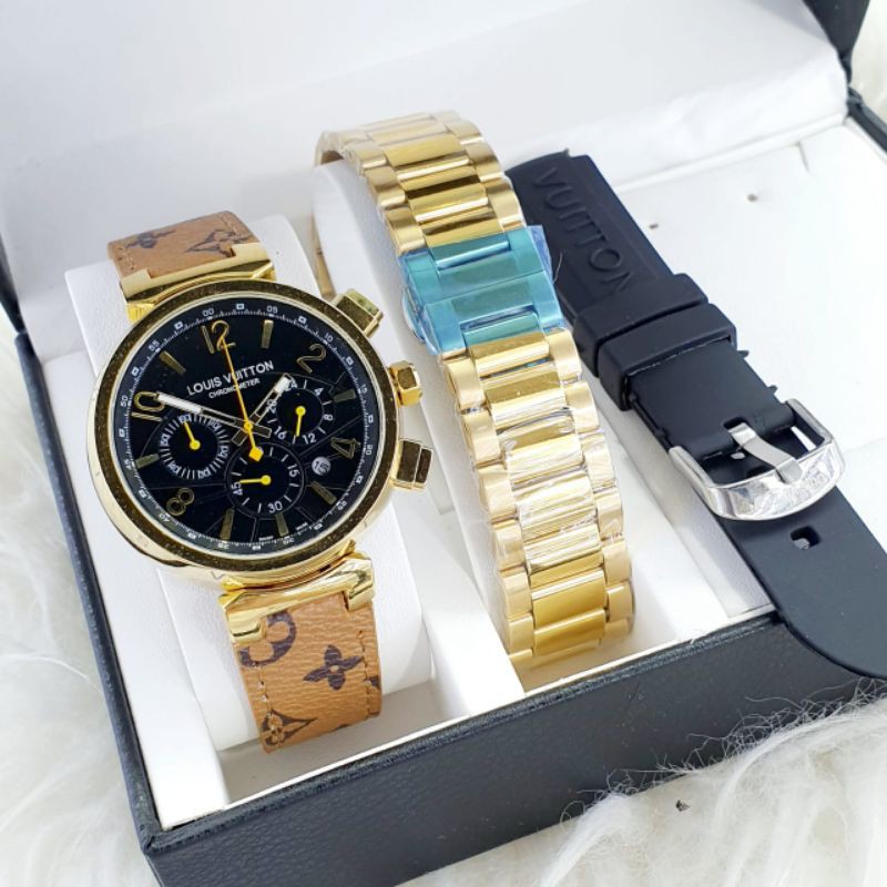 JAM TANGAN WANITA LV CRONO AKTIF PAKET FREE 2 TALI RANTAI DAN RUBBER DIAMETER 4CM + FREE BOX LV