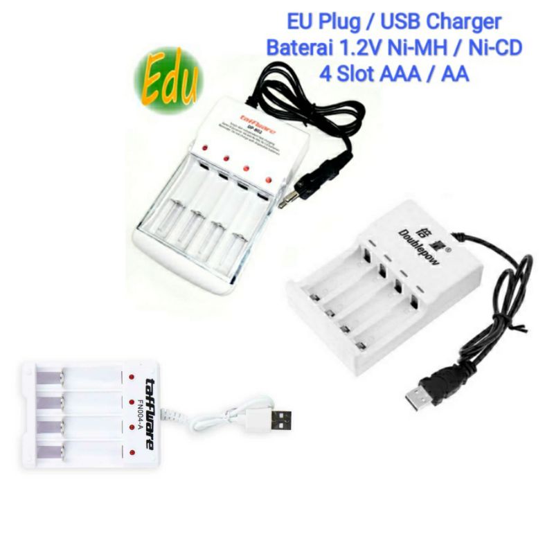 EU Plug / USB Charger 4 Slot Baterai 1.2V AAA A3 - AA A2 Ni-MH Ni-CD Battery