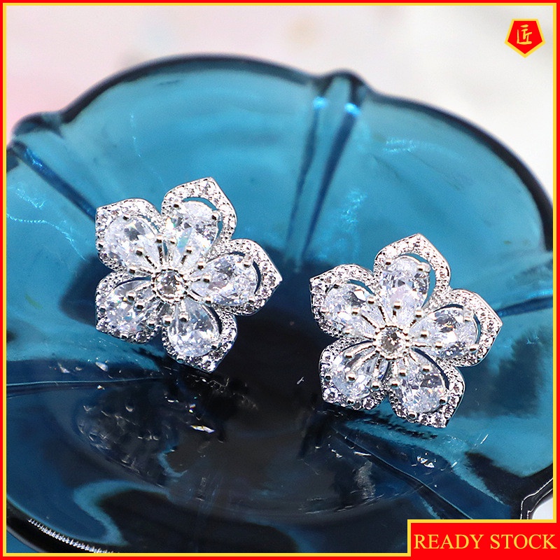 [Ready Stock]925 Silver Elegant Exquisite Cherry Blossom Crystal Stud Earrings
