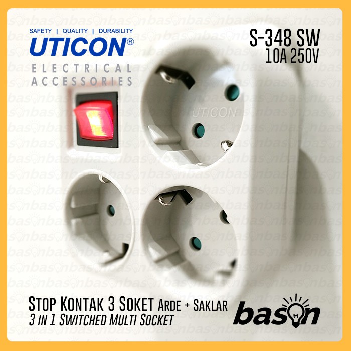 UTICON S348SW - Stop kontak 3 Lubang Multi Outlet dengan Saklar &amp; Child Protection