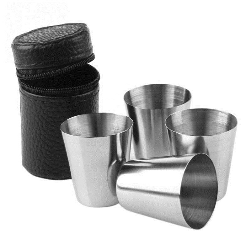 4Pcs/set Polished 30ML Mini Stainless Steel Shot Cup Wine Drinking Glasses With Leather Cover Bag For Home Kitchen Bar OWT
