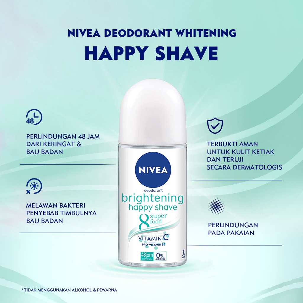 NIVEA Deodorant Roll On Brightening Happy Shave 25ml - Mencerahkan &amp; ketiak halus tanpa iritasi