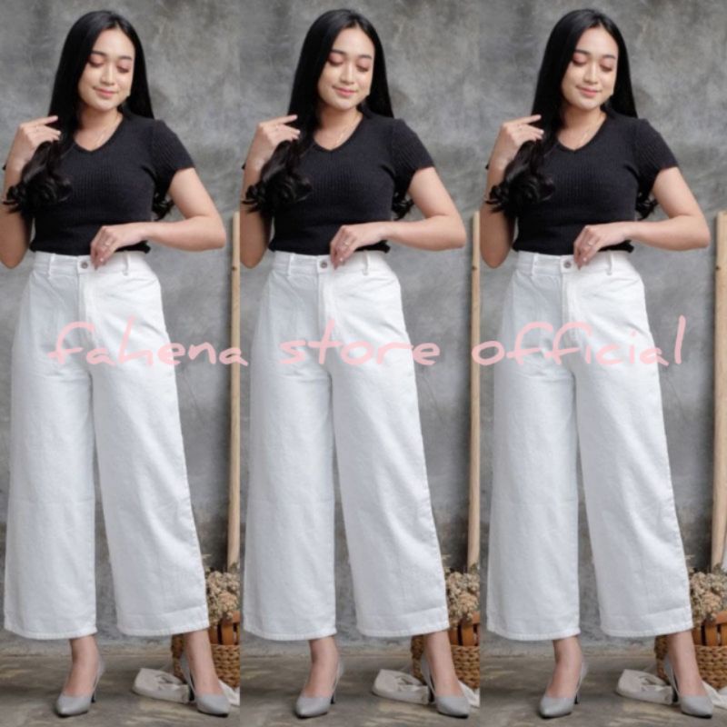 Highwaist Kulot Jeans Wanita Loose polos hitam dan putih