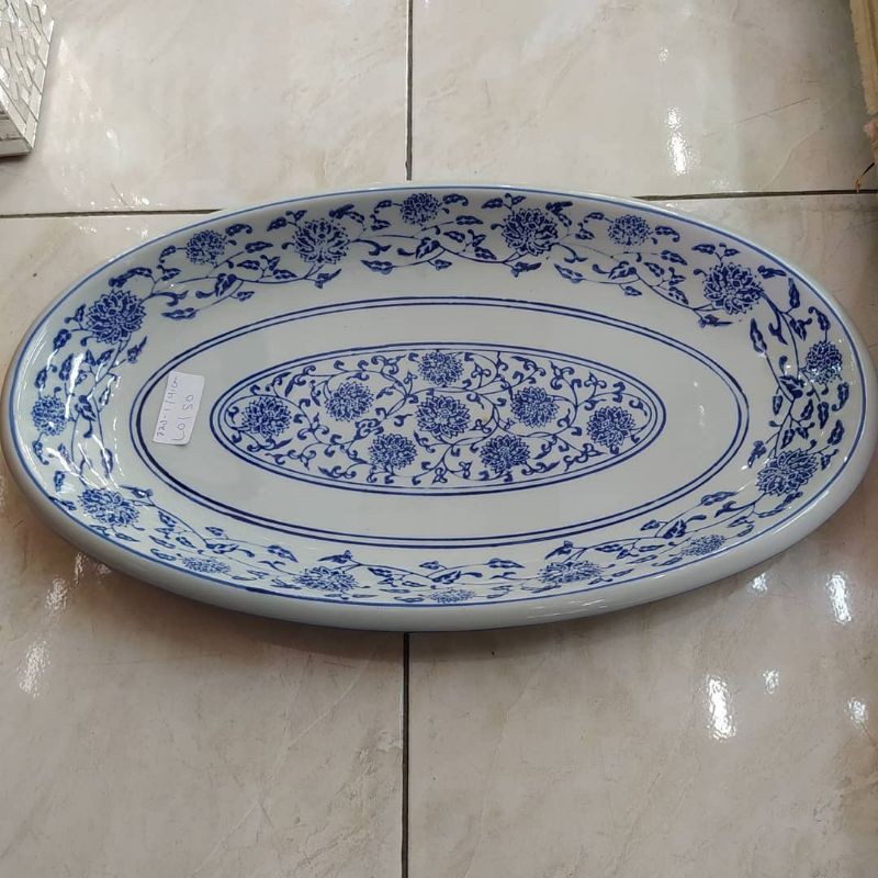 Piring Biru Putih Oval Besar/ Piring Saji Keramik Biru Putih Besar/ Piring Import