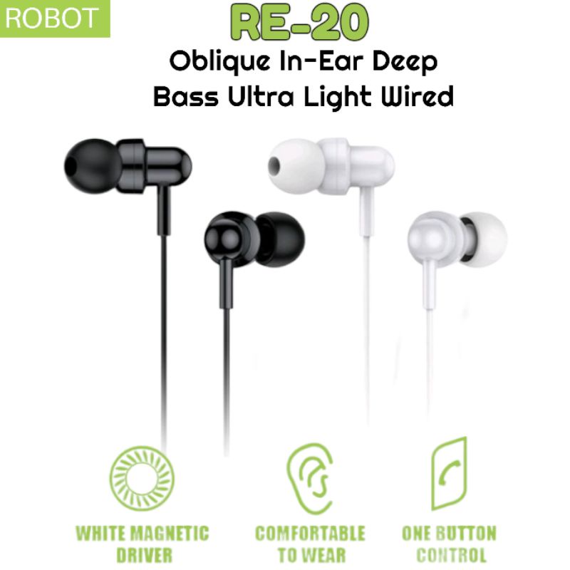 Headset ROBOT RE20 Wired Earphone Bass Smartphone Original Re-20 Garansi 1 Tahun