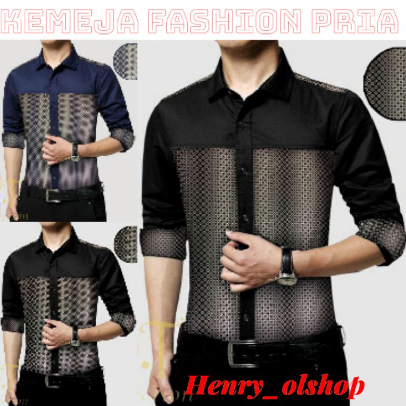 KEMEJA FASHION PRIA MODEL KOMBINASI HITAM DONGKER KEKINIAN BUSANA MUSLIM COWOK BAJU LAKI LAKI BAGUS