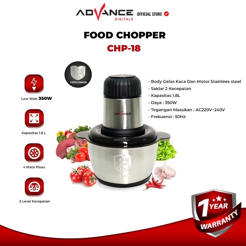 Advance Food Chopper Blender Daging Penggiling Daging Listrik  Gelas Kaca CHP 18 1.8 Liter