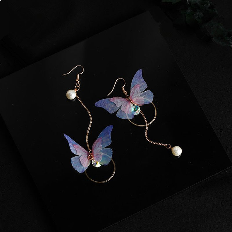 Needway  Retro Earrings Alloy Earrings Jewelry Imitation Pearl Asymmetrical Wings Long Exquisite Butterfly