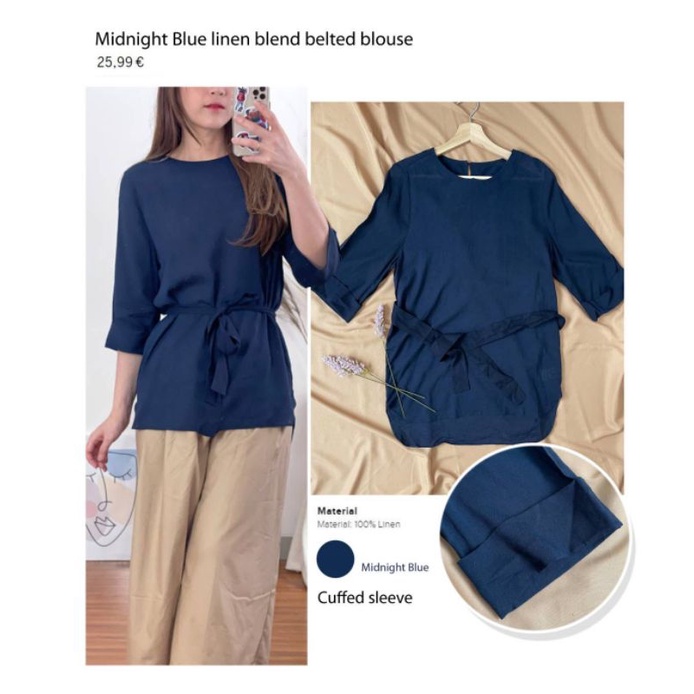 kenzi Navy Basic Cotton Linen Loose Blouse