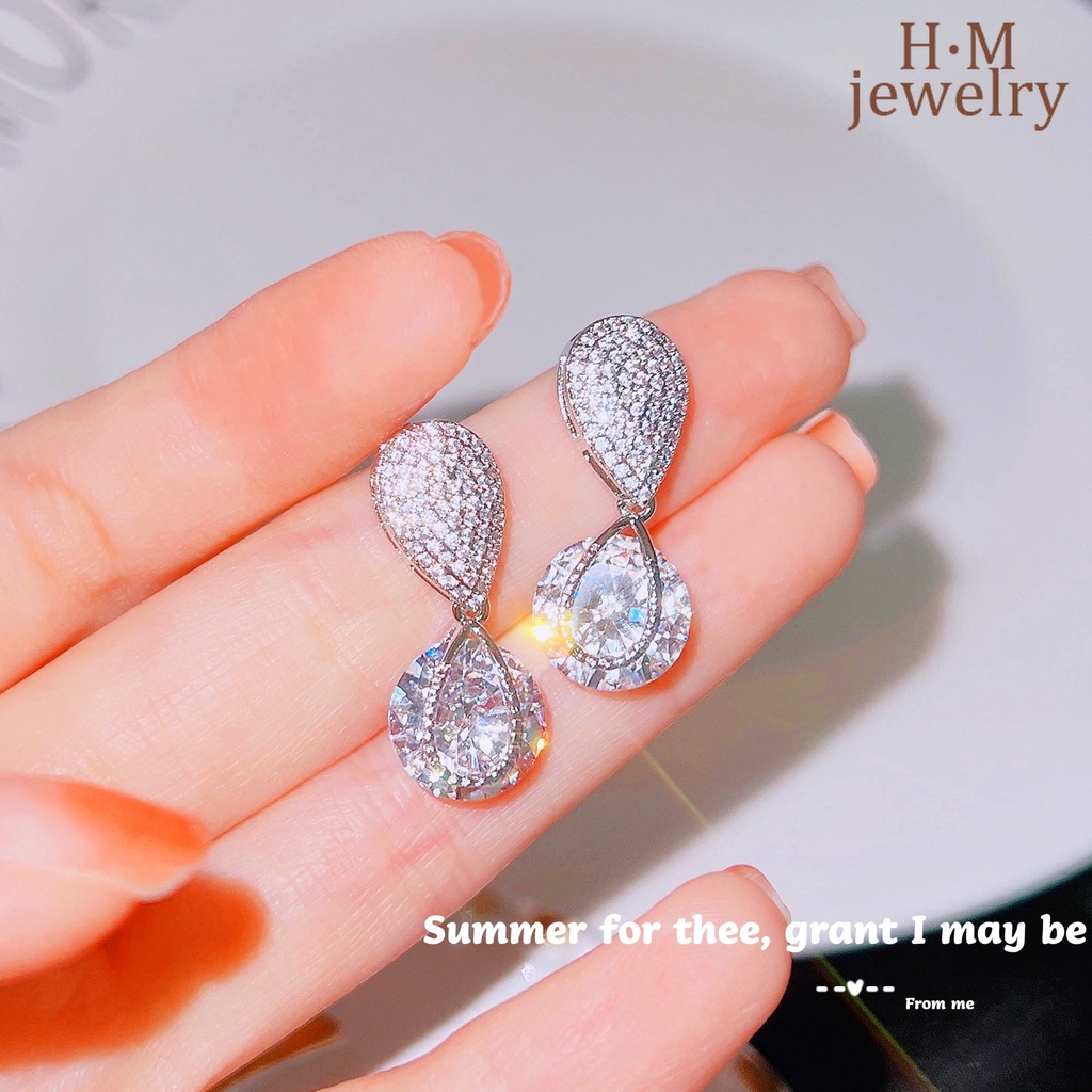 Anting Tusuk Sterling Silver 925 Desain Tetesan Air Hias Berlian Imitasi Berkilau Untuk Wanita