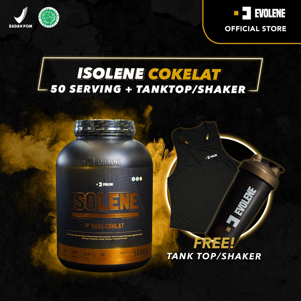 Isolene Rasa Coklat 50 Serving Free Shaker- Suplemen fitness pembentuk Otot - Defisit kalori - Susu Protein - Suplemen Fitness - Minuman Protein - Suplemen Workout - Whey protein isolate Evolene Evoline Evolen