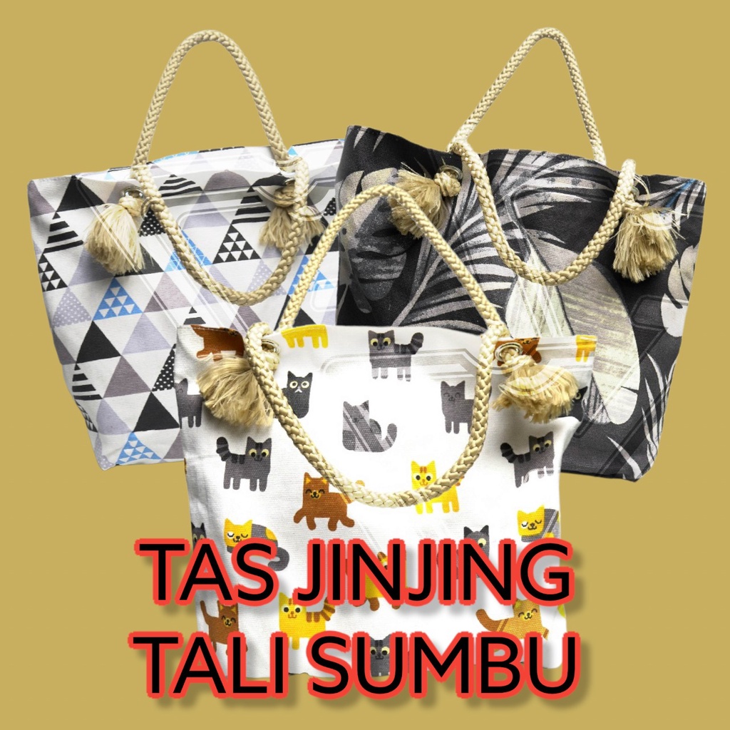 Tas Jinjing Wanita Handbag Kanvas Motif Tali Sumbu Terbaru Dalam Puring Resleting