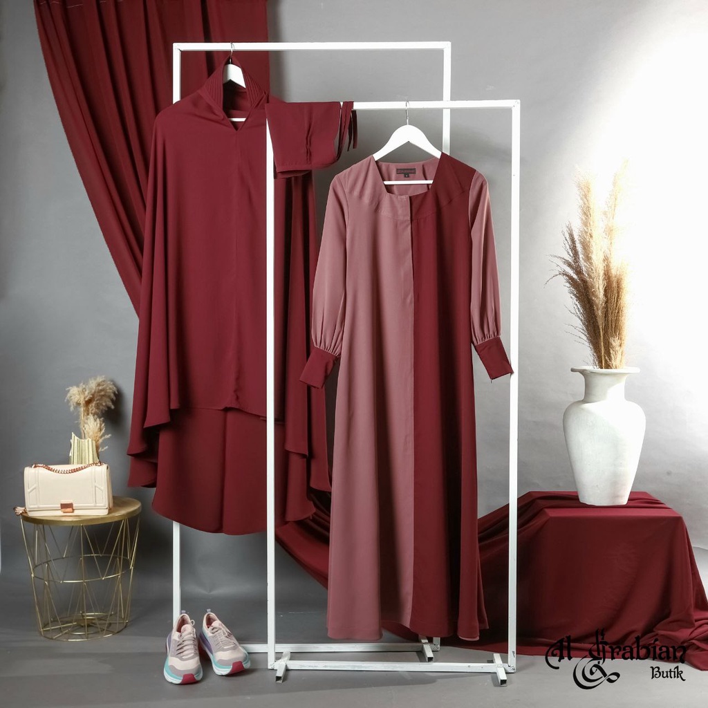 HAVVA COMBI SET GAMIS ABAYA KHIMAR SYARI by AL ARABIAN klambieakhwat BISA COD | jilbab jumbo pad busa free cadar tali bahan yoris caltry tanpa potongan pinggang wudhu n busui friendly kantong kanan abaya maroon green grey