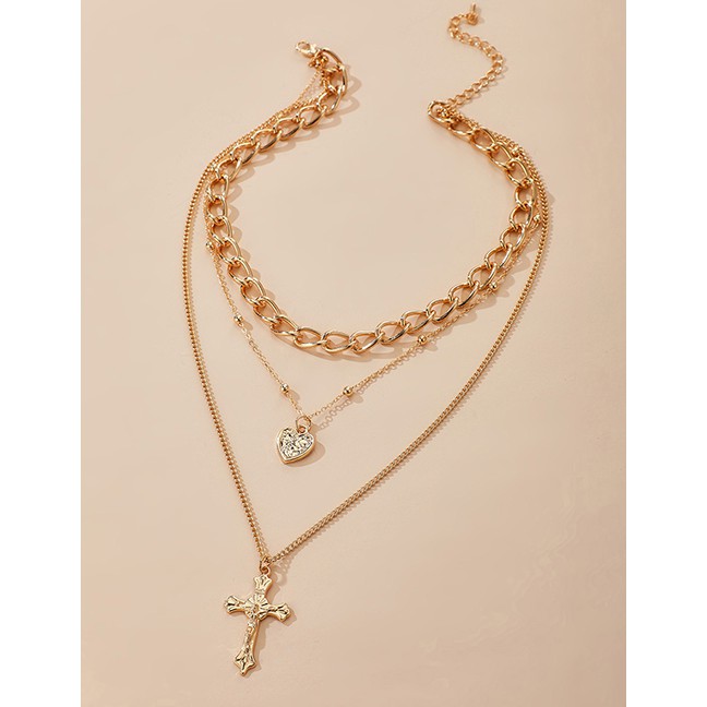 LRC Kalung Fashion Gold Color Alloy Cross Love Multilayer Necklace K92748