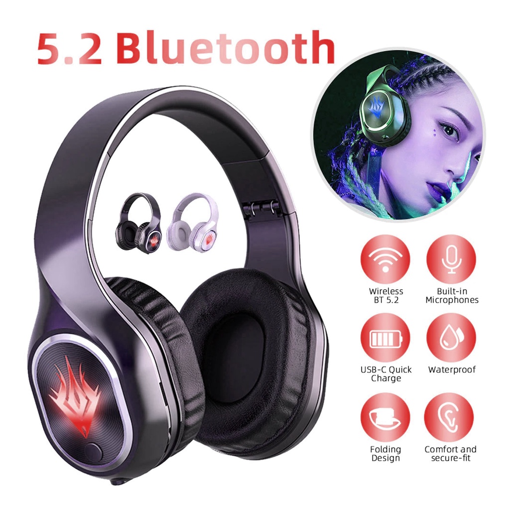 Headset Bluetooth Gaming Earphone Stereo Headphone Music Over Ear With Mic 9D Dynamic HD Sound RGB Light For Komputer Laptop Handphone- T2