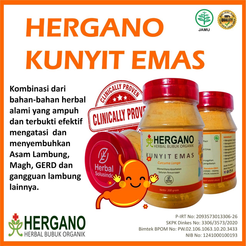 

minuman kunyit emas bubuk obat asam lambung, obat GERD 200gr/ hergano kunyit emas bubuk