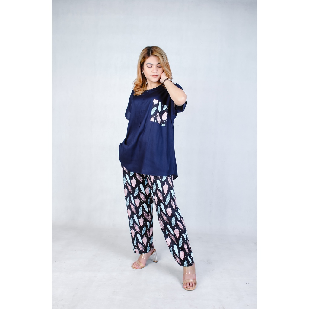 Setelan Piyama Babydoll Lengan Pendek Kekinian Baju Tidur One Set Rayon Premium Wanita Dewasa Busui-Navy Leaf